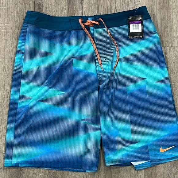 NWT Nike 32W Blue Drawstring Unlined Swim Trunks Blue Stripe Pattern - Picture 2 of 6